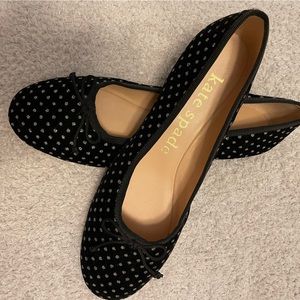 Kate Spade Honey Ballerina Flats Black Velvet with Silver Polka Dots, Size 8.5
